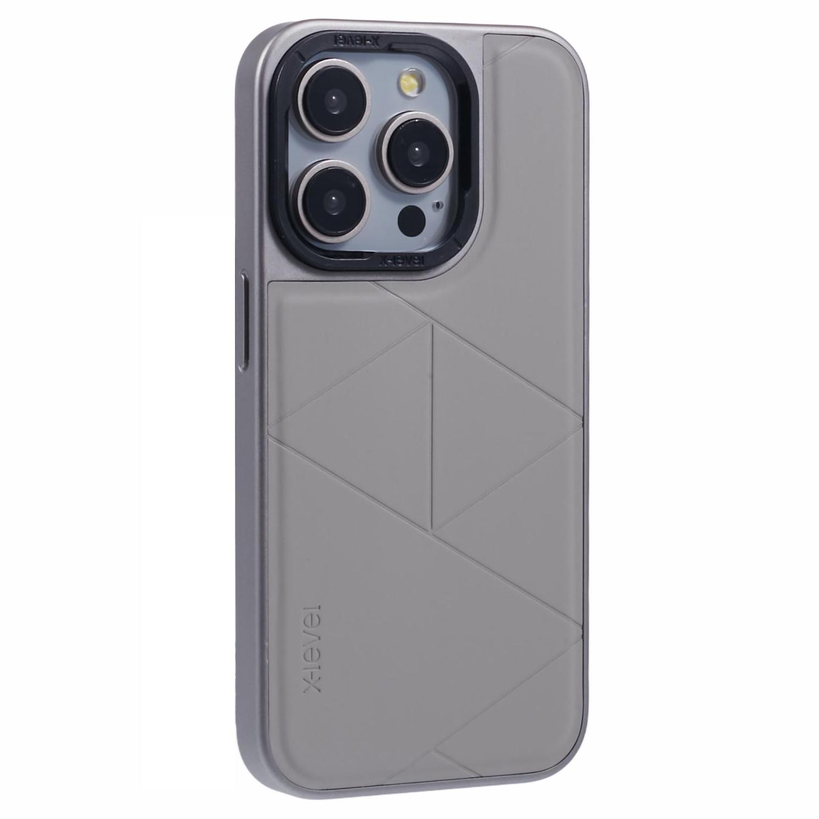 

For iPhone 15 Pro Case Geometric Line Leather+PC+TPU Phone Cover Titanium Grey