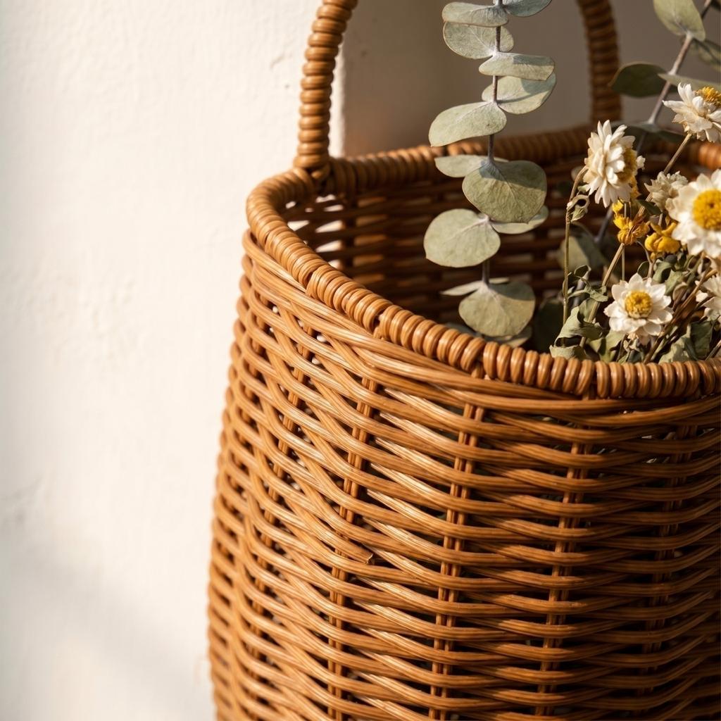 Wall Mounted Wicker Basket Storage Container Rattan Style Decorative Hanging Organizer for Living Room Bedroom Wall Mounted Storage Basket