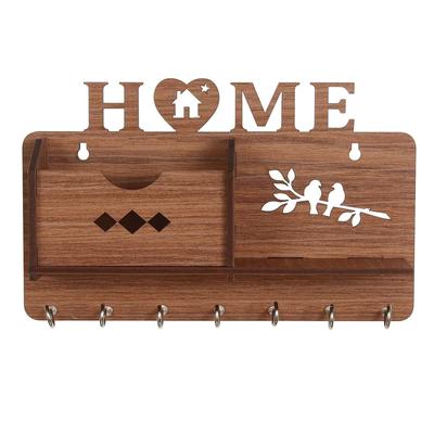 Wooden Matte Finish Designer Home Side Wall Shelf, Key Holder with 7 Keys Hooks (Brown)- Home Decor Items, Diwali Decorations Items