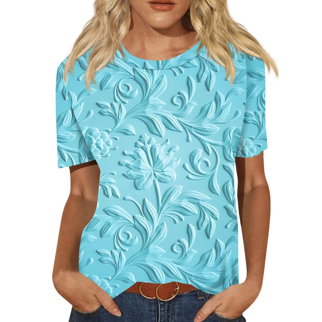 Damen Freizeit 3D Blumendruck Freizeit Kurzarm T-Shirt Pullover Rundhals Kurzarm Oberteil