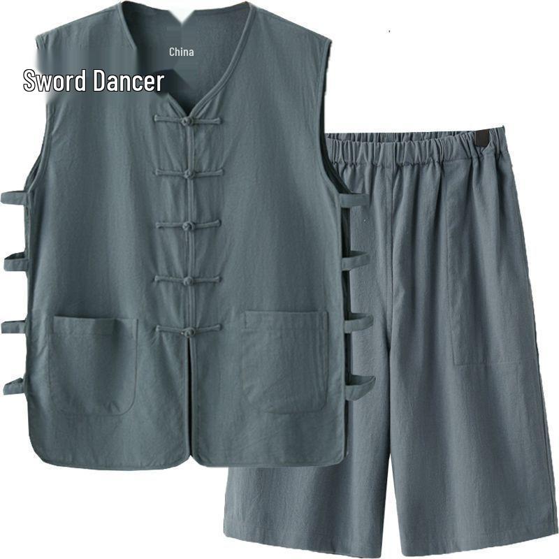 Sleeveless Mandarin Cotton-Linen Vest for Middle-Aged and Elderly Men