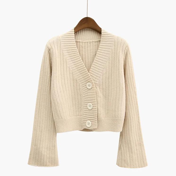 

Кардиган, осенний короткий свитер с длинными расклешенными рукавами, женские трикотажные хлопковые топы в рубчик, черные, белые женские мягкие верхние одежды, женская одежда One Size бежевый