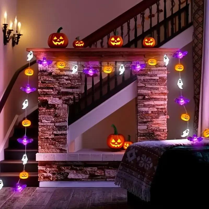 1pc Halloween Pumpkin Bat Ghost String Light 10/20/40LED Hanging Lamp Battery Powered For Home Bedroom Window Party Indoor Decor
