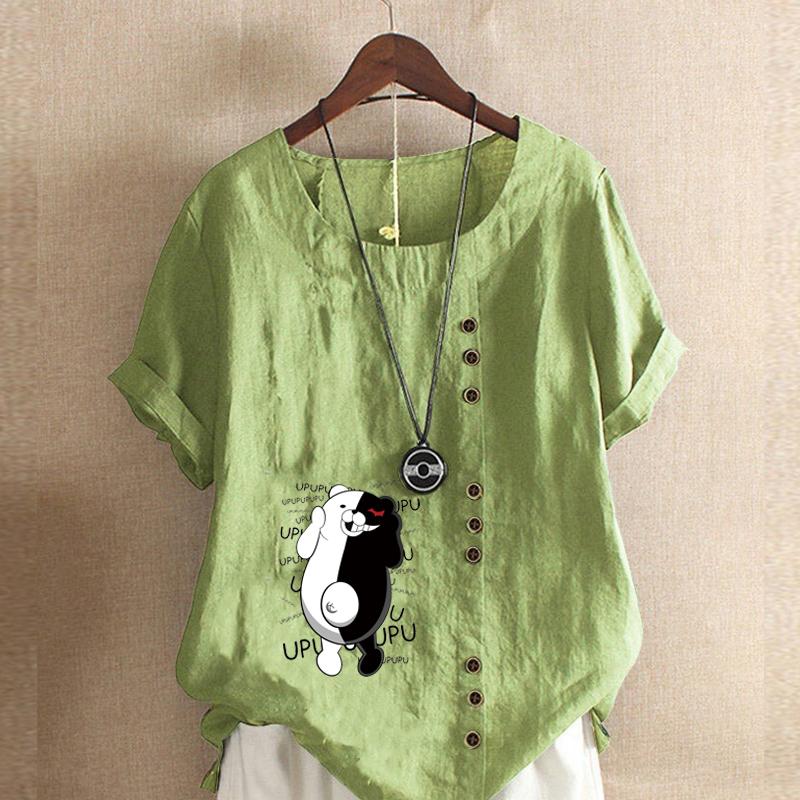 

Женская модная футболка с коротким рукавом и круглым вырезом, повседневная хлопковая льняная рубашка с рисунком, свободная черно-белая летняя блузка с принтом медведя для отдыха, топы 5XL зелёный