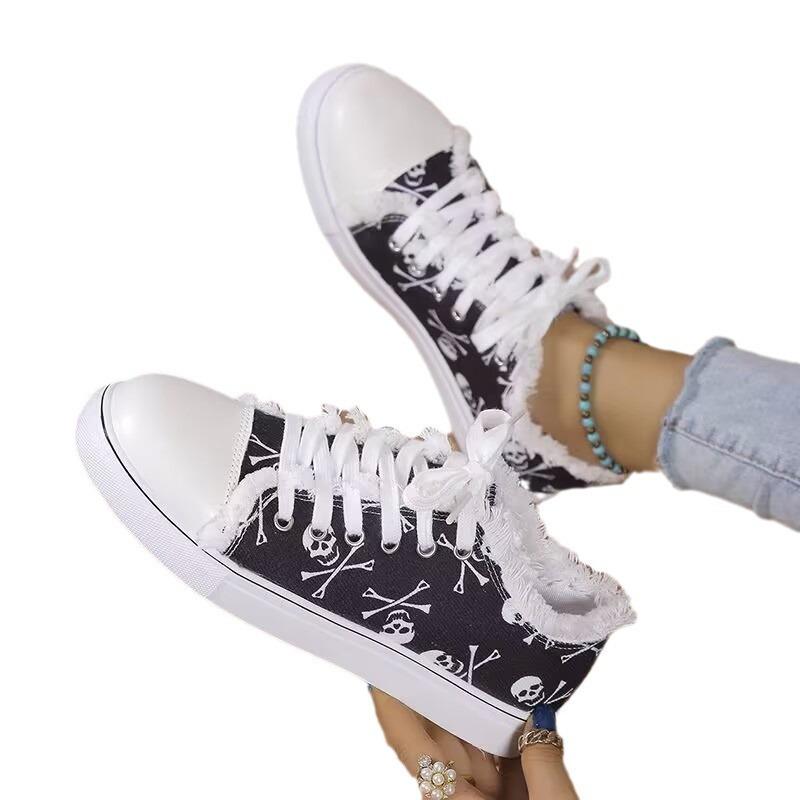 Floral Skull Canvas Shoes 2025 Spring Autumn Women Large Size Flat Sneakers Female Lace-up Shoes Casual Vulcanized Shoes Zapatos