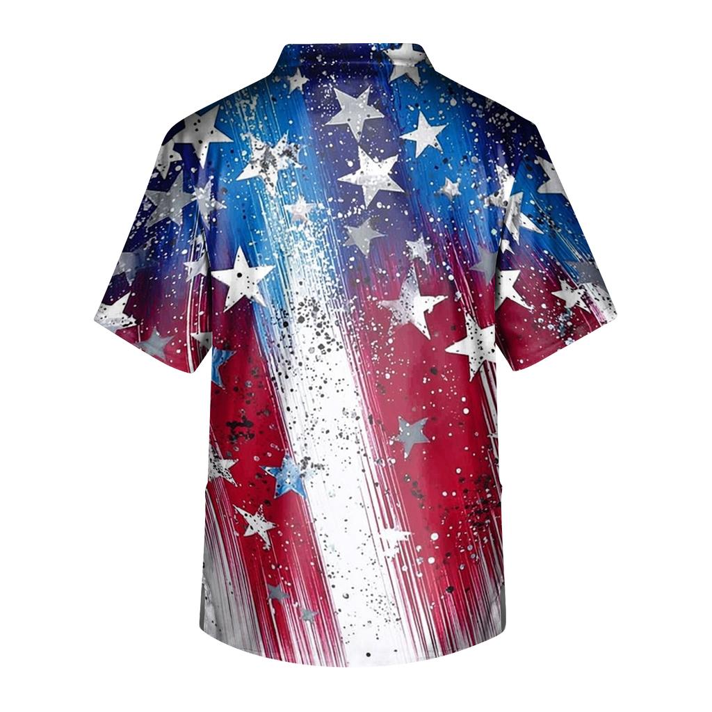 Men's Short Sleeve V Neck Medical Scrub Top with Front Pocket Independence Day Print Healthcare Uniform Shirt for Nurses and Caregivers