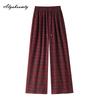 Korean Fashion Autumn Winter Women Fleece Pants High Waist Black Brown Red Navy Blue Plaid Woolen Trousers Vintage Wool Thick Warm Straight Pants