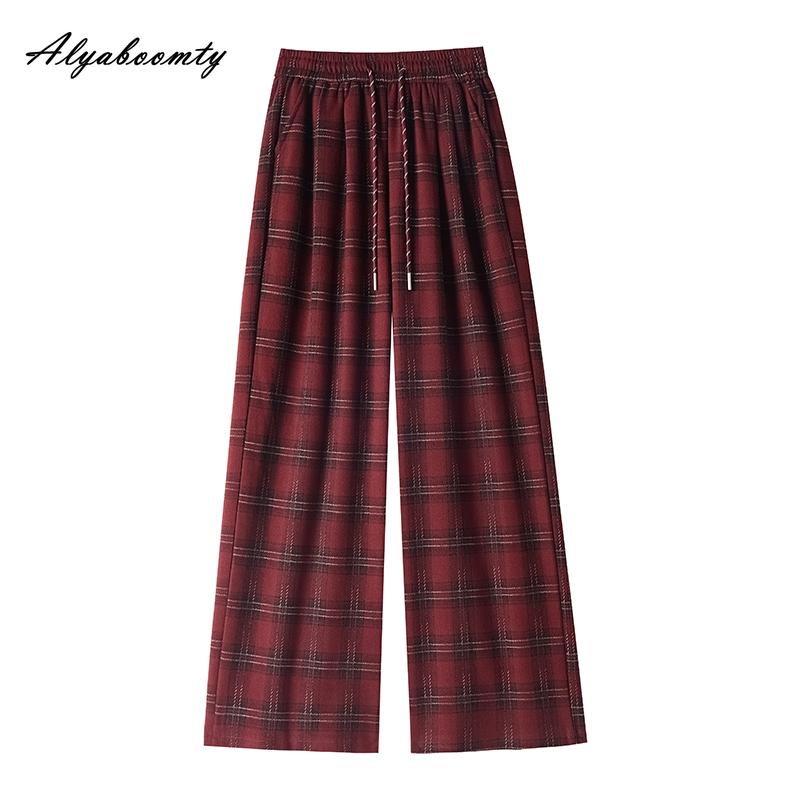 Korean Fashion Autumn Winter Women Fleece Pants High Waist Black Brown Red Navy Blue Plaid Woolen Trousers Vintage Wool Thick Warm Straight Pants