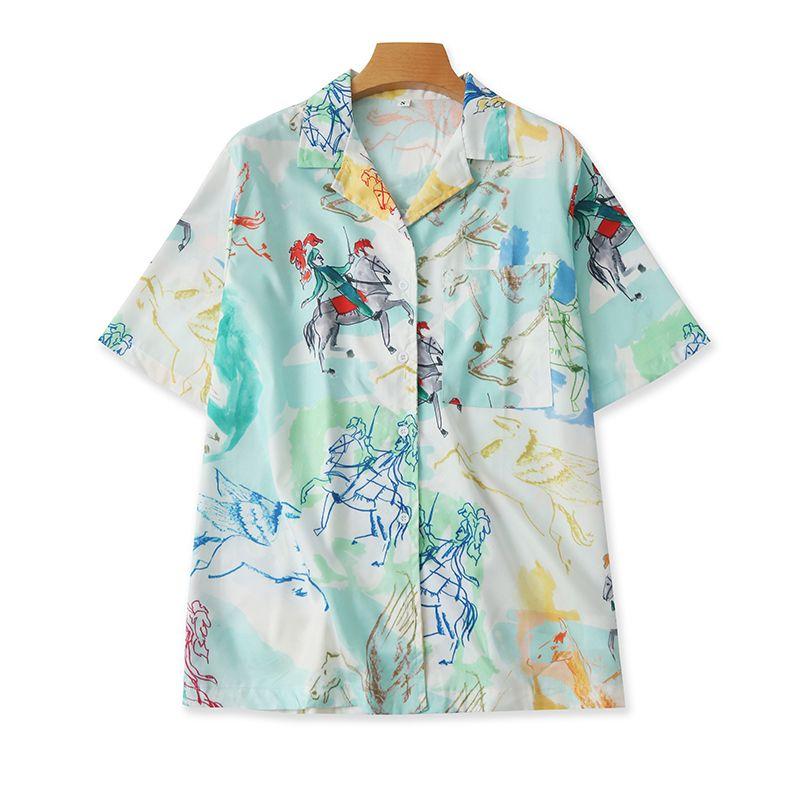 

Весенне-летняя модная рубашка с коротким рукавом и принтом из искусственного шелка и ледяного шелка Green S