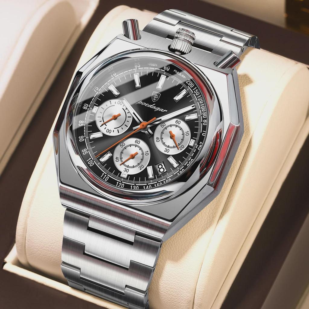 POEDAGAR Luxury Men's Watches Waterproof Stainless Steel Luminous Men Watch Date Chronograph Quartz Male Wristwatch