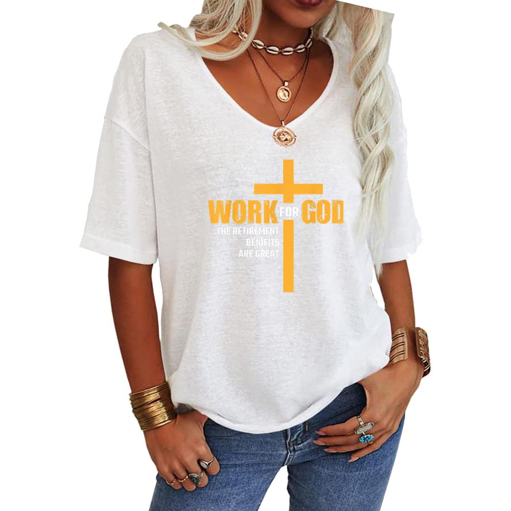 Women Fashion V Neck Tee Shirt Summer Casual Short Sleeve Top Loose Letter Print T-shirt
