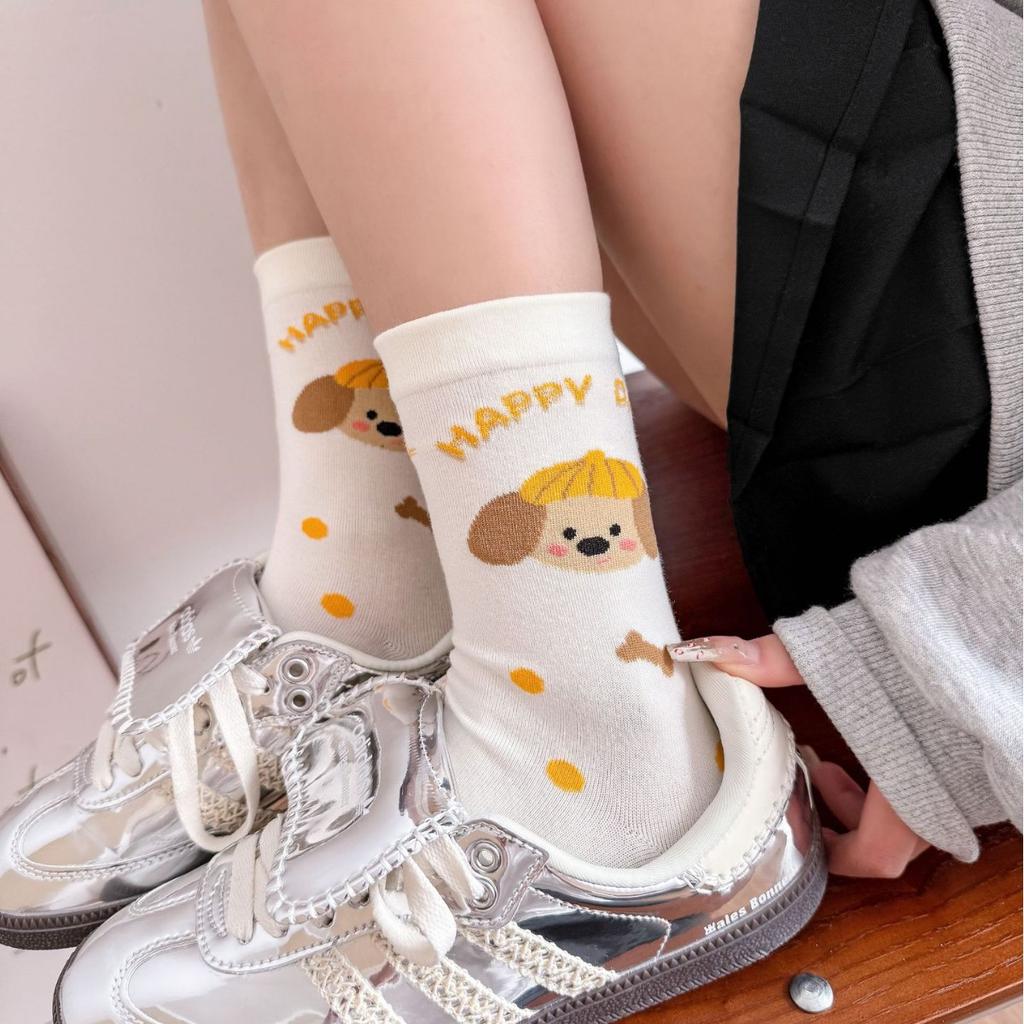 Cute Socks Mid-Leg Socks Pure Cotton Spring And Autumn Cartoon Student Puppy Summer Thin White Stockings