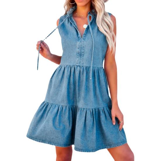 Dress Women Denim Dress V Neck Ruffles 