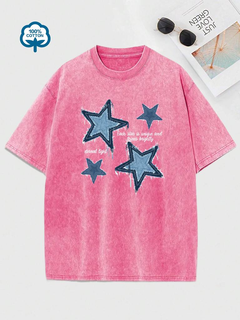Retro Blue Jean Star Print  Snow Wash T Shirt Woman Y2K Washed Tees O-Neck Casual Short Sleeve All-Match Cotton Womens Clothes