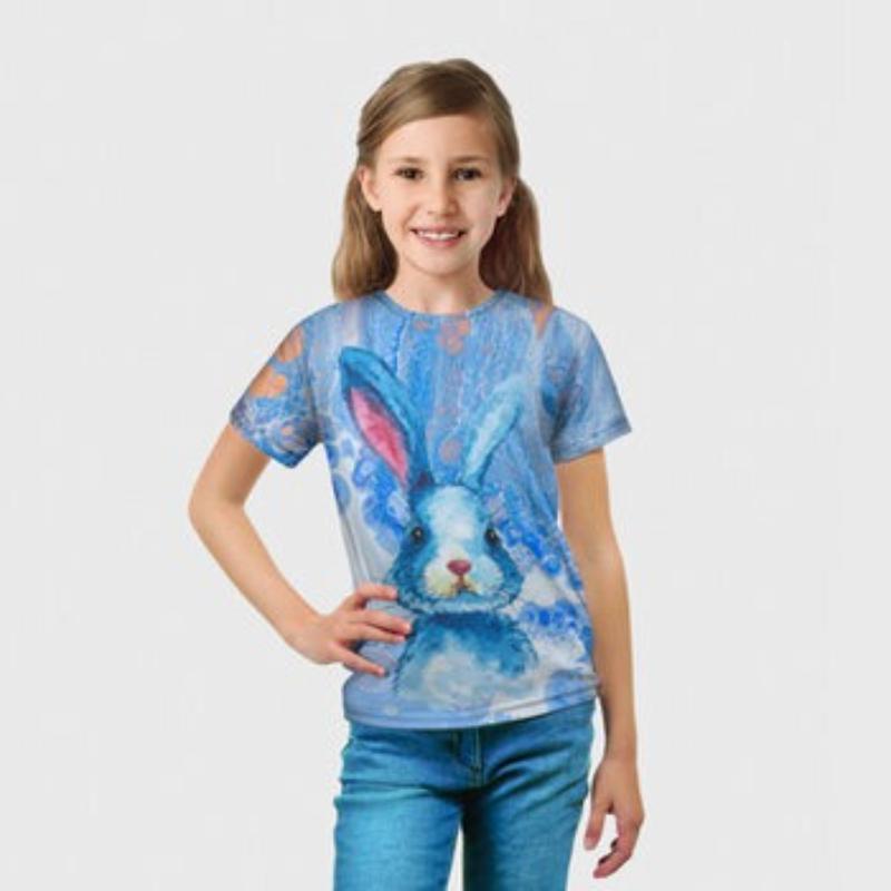 Children's Cartoon Rabbit Print Cute T-shirt Girls Short Sleeved Fashionable Soft Comfortable Top