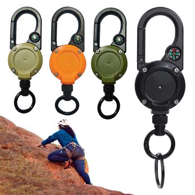 Retractable Keychain with Compass Steel Wire Carabiner Badge Reel Holder Clip Key Ring Heavy Duty Outdoor Camping Climbing Anti-lost Buckle