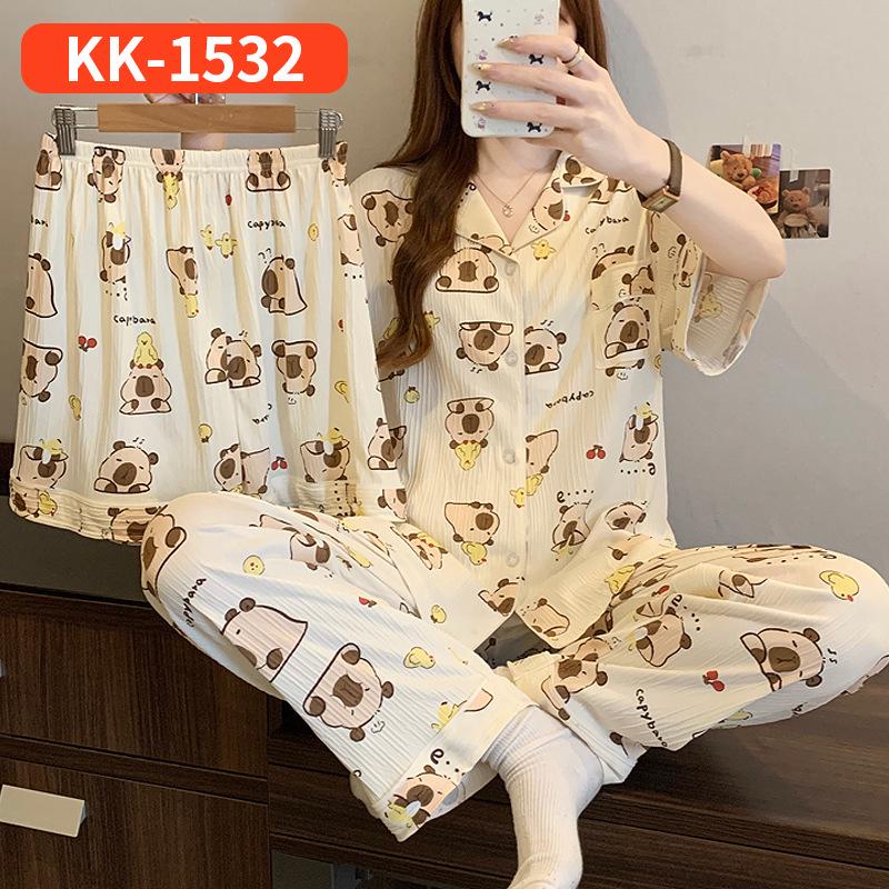 

Корейский пижамный комплект с шелестящим мишкой: Летний комплект-тройка с коротким рукавом для женщин L (100-115 jin)