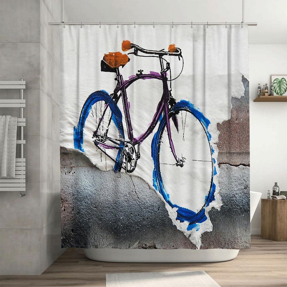 Vintage Bicycle Shower Curtain Retro Cycling Wall Art Bathroom Decor Rustic Farmhouse Washable Fabric Liner