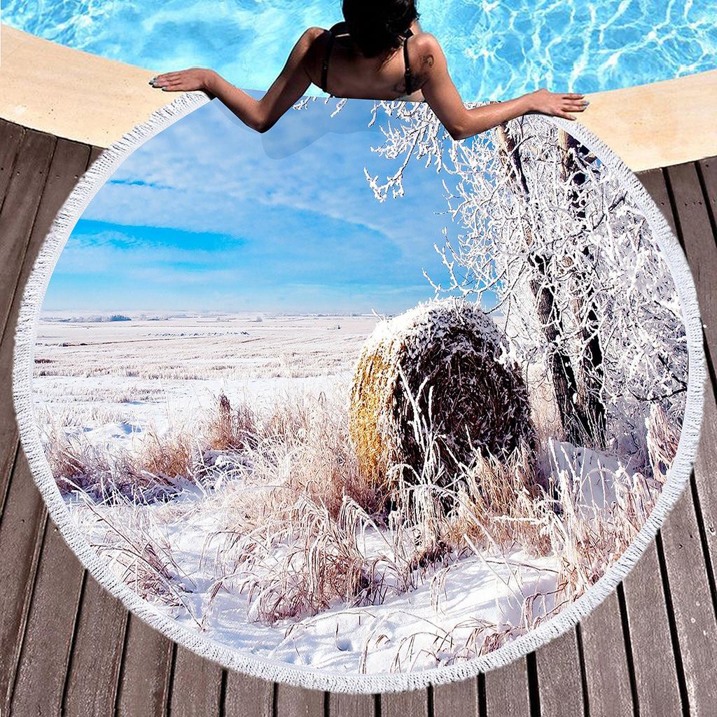 Winter Snow Scene Fantasy Tree Round Beach Towel Polyester Sand Resistant Shawl Beach Blankets, Quick Dry Pool Towels Picnic Mat