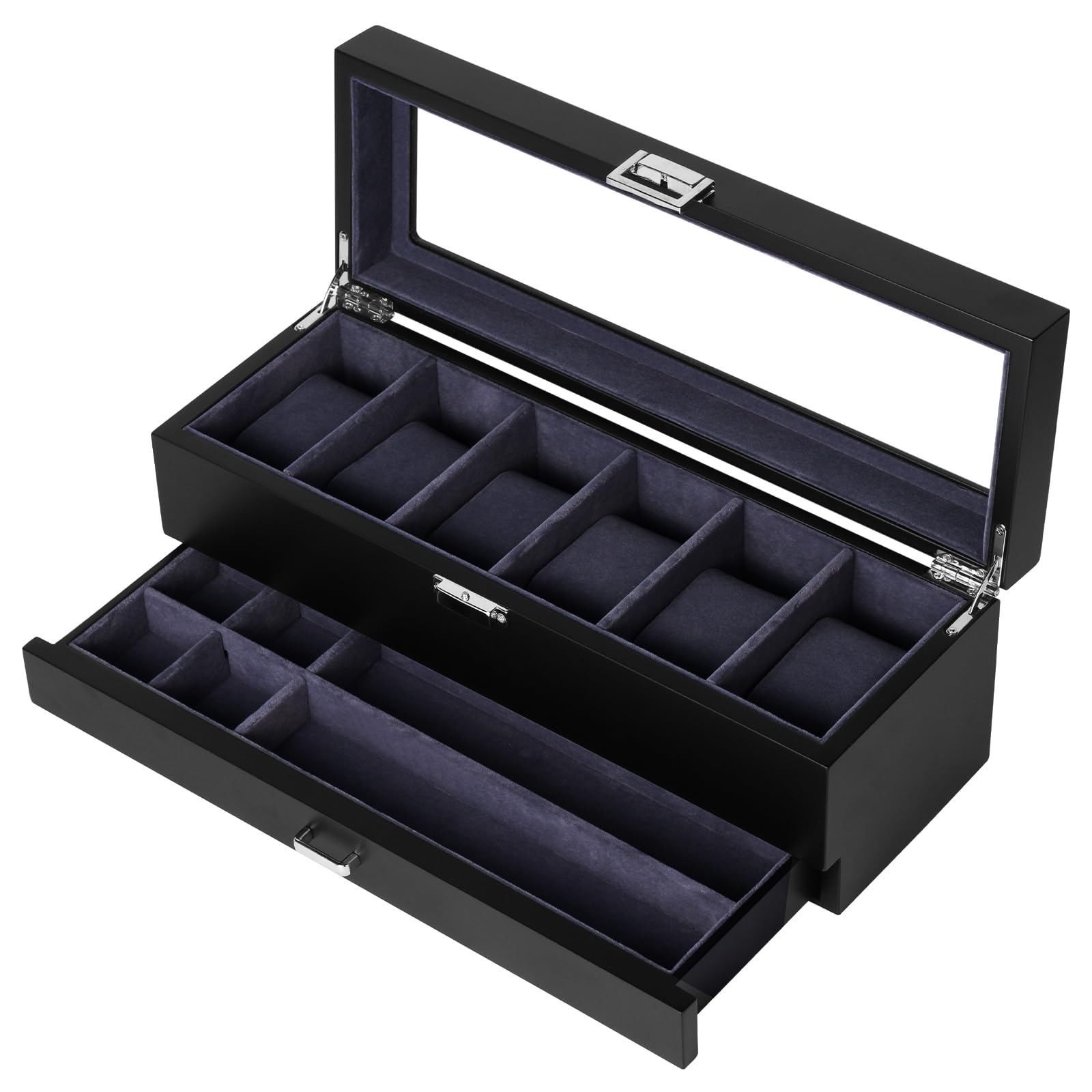 

Baskiss Luxury 2-Tier Wooden Watch Case, Holds 6 Watches, and Can Also Store Accessories, Rings, Earrings, and Pens - Collection Case