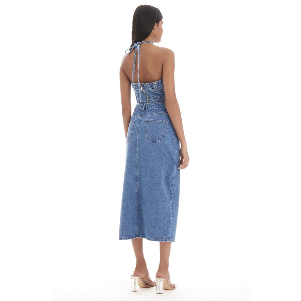 Women's Blue Denim Color Long Denim Skirt With Deep Slit Detail On The Side