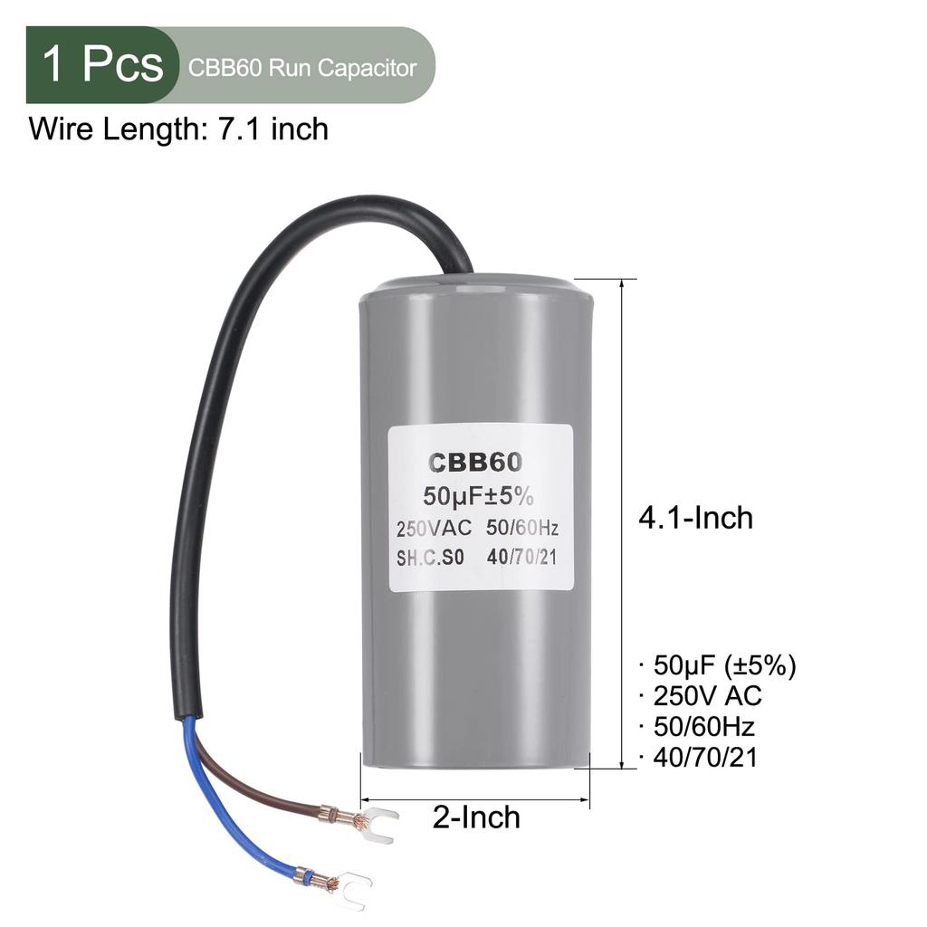 YOKIVE CBB60 Run Condenser 250V AC 50uF 50/60Hz 2 Wire Lead Run Round Condenser