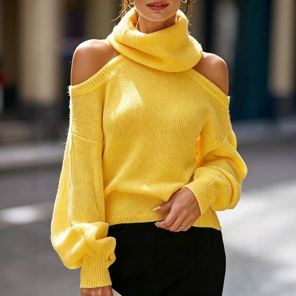 Damen Schulterfreier Rollkragenpullover, Lockerer Strickpullover Top für Herbst Winter Freizeitkleidung