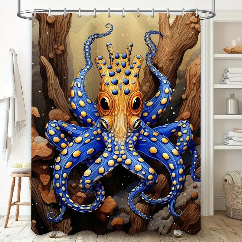 Octopus Shower Curtain Underwater Marine Animal Print 3D Waterproof Fabric Bathroom Decor Blue Yellow Colorful Large