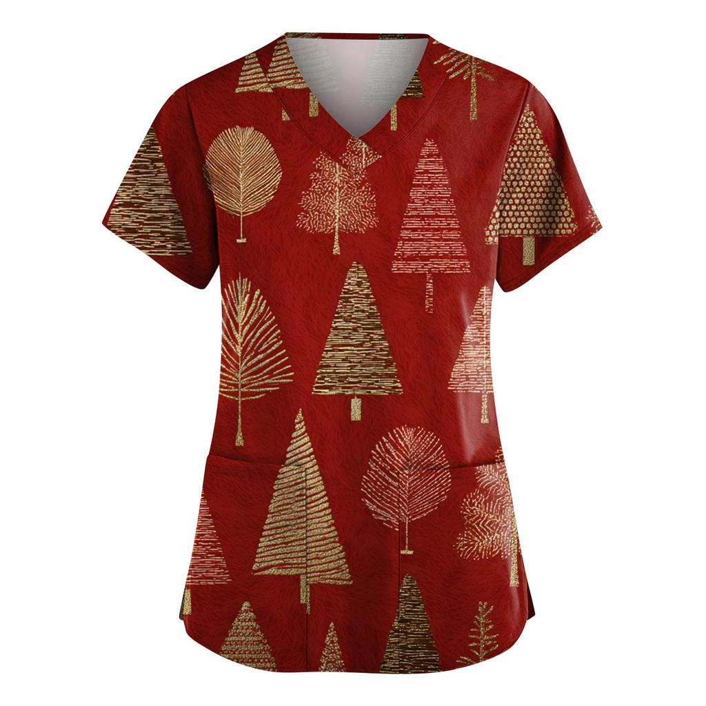 Women's Fashion V-Neck Short-Sleeved Workwear With Pockets Christmas Print Top Caregiver Uniform