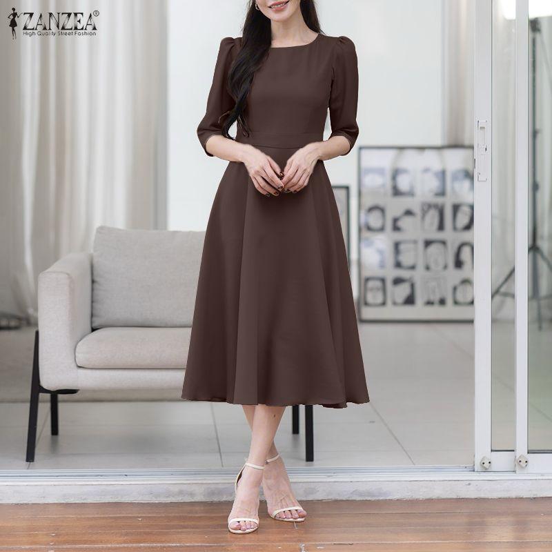 ZANZEA Women Casual Round Neck Solid Color 3/4 Sleeve Dress
