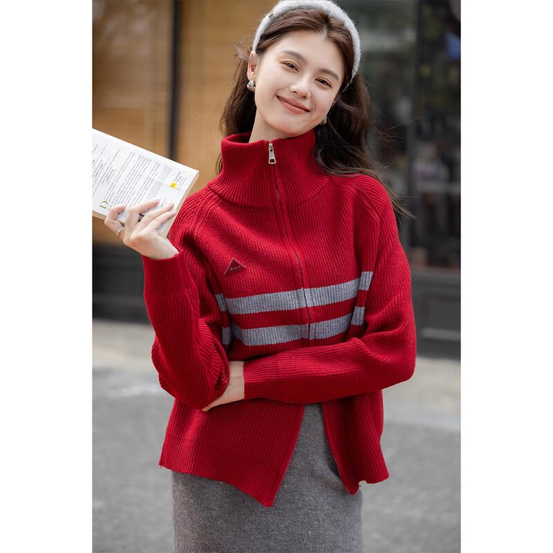 ITISF4 Women's Loose Striped Double-Zip Knit Sweater