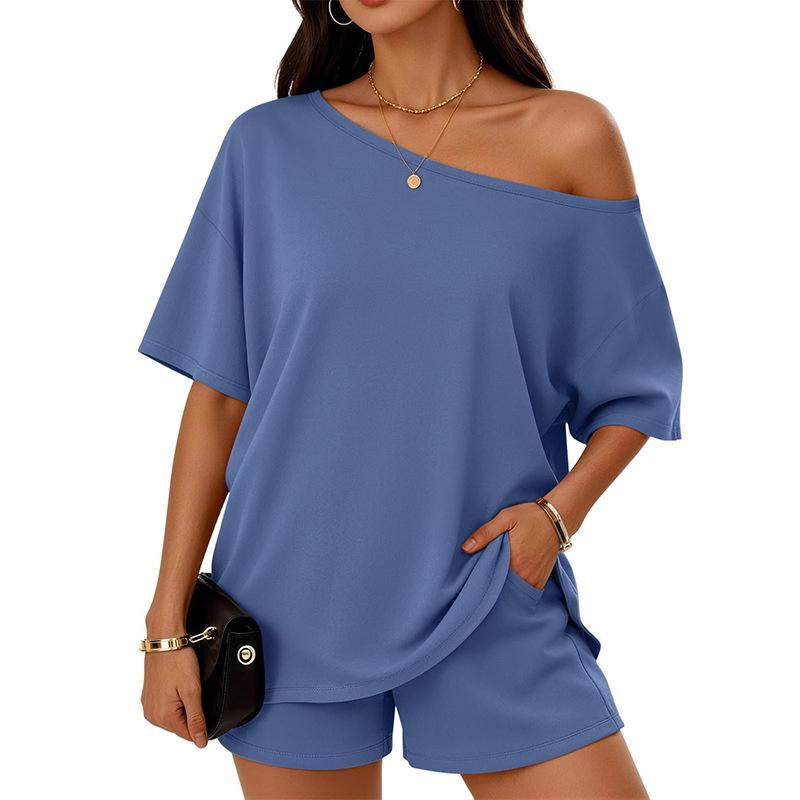 Women's Two Piece Outfits Off Shoulder Loose and Shorts Set with Pockets