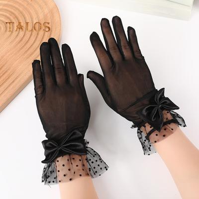 1 Pair Women Prom Gloves See-through Lace Bow Decor Hollow Out Fishnet Ruffle Edge Thin Full Finger Performances Bride Wedding Gloves