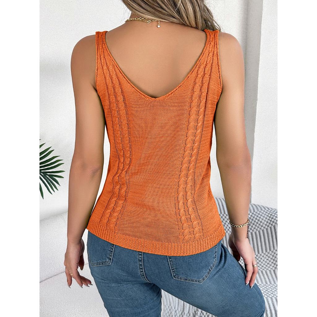 HNXC Spring and Summer Casual Solid Color V-neck Cut-out Top Vacation Knitted Sweater Women's Wear