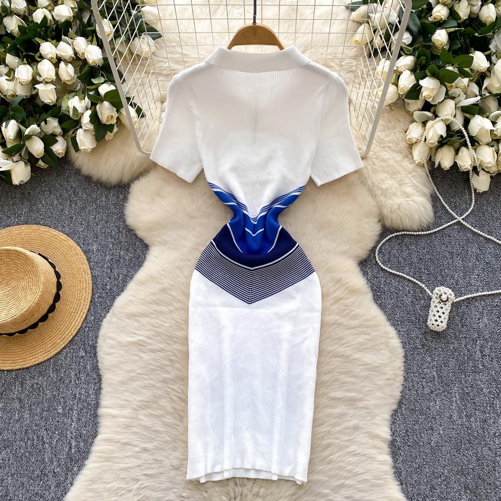 Robe courte moulante en tricot à taille fine et patchwork vintage pour femme, tenue d'été décontractée