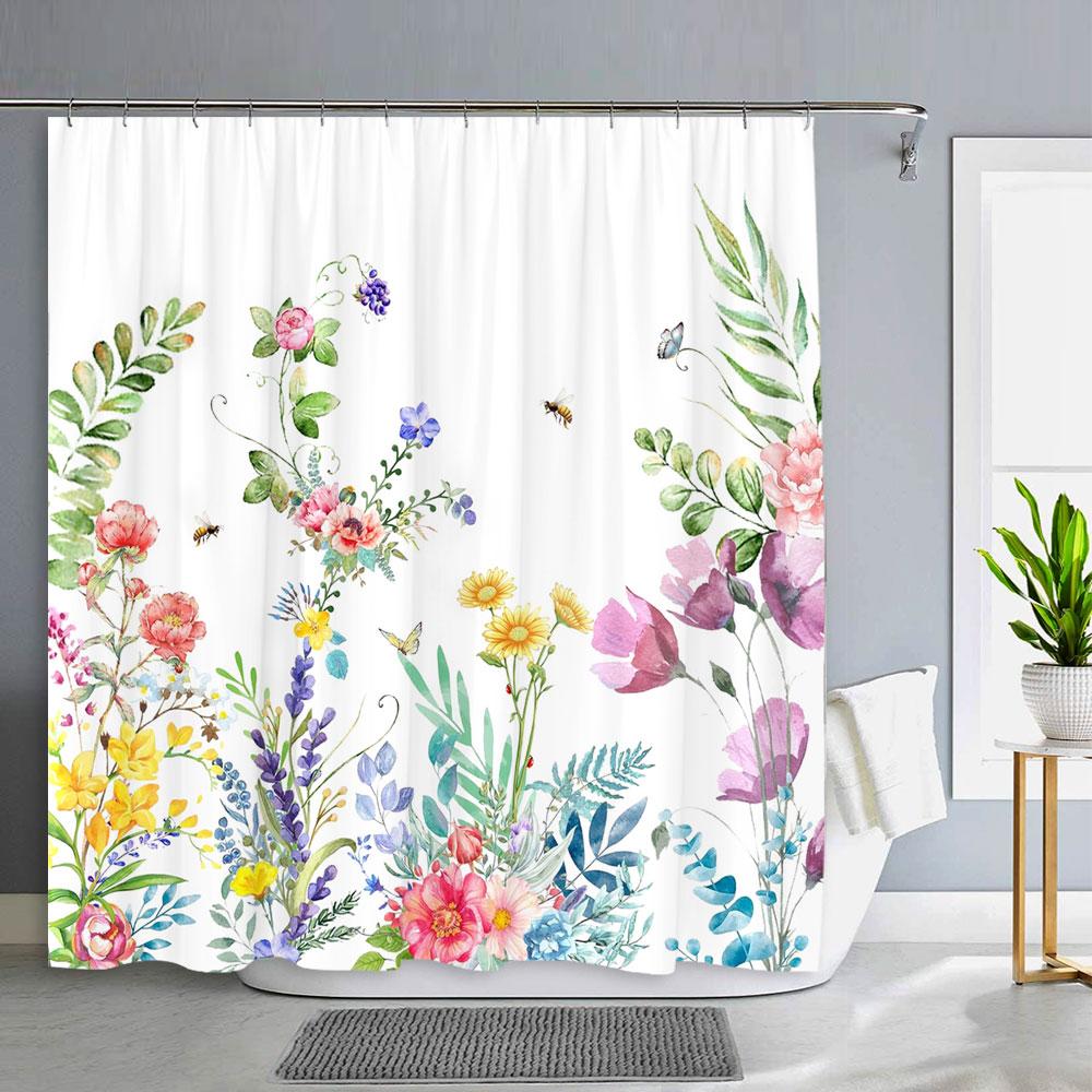 Spring Floral Hummingbird Shower Curtain for Bathroom Watercolor Flower Bird Modern Decor Machine Shower Curtains Bathroom Decor