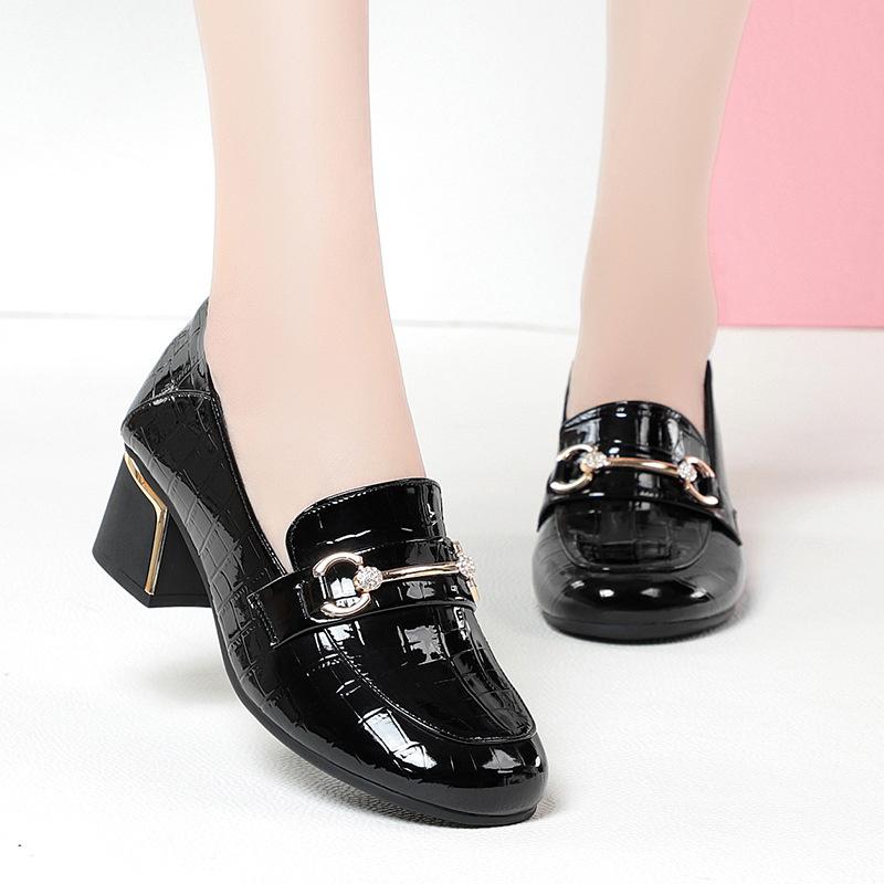 Spring Women Pumps Luxury Solid Patent Leather High Heels Fashion Square Toe Block Heel Shoes Office Slip-on Work Heels