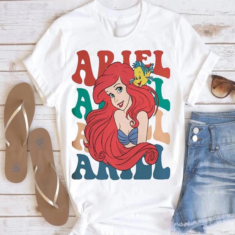 Summer Girls' Fashion Short-Sleeve T-Shirt with Ariel The Little Mermaid Princess Cartoon 100% Cotton Printed T-shirt