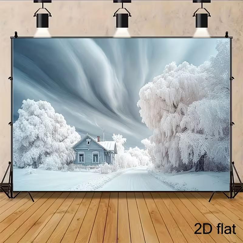 2D Winter Snow Cabin Backdrop Christmas Party Photography Background