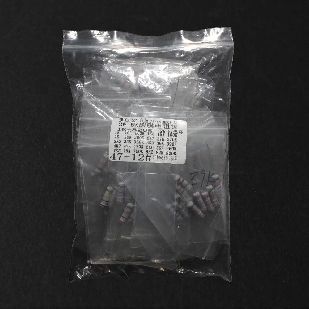 150pcs 2W Carbon Film Resistor Kit, 30 Values*5pcs 0.1R-750R 1K-820K Ohm Resistencias Electronica Assortment DIY Kit Pack  High-Quality
