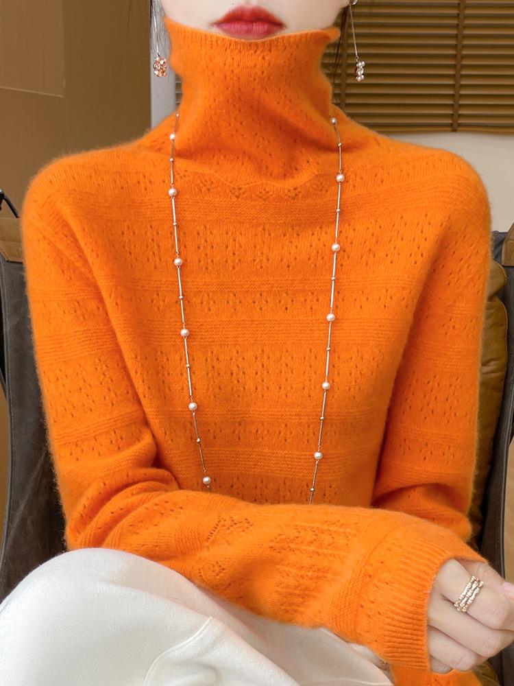 Women's Pure Wool Mock Neck Sweater - Seamless Hollow Knitwear for Autumn/Winter