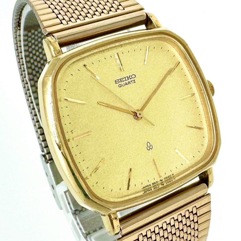 [USED] Rare Battery SEIKO Chariot Gold Strap Square Watch