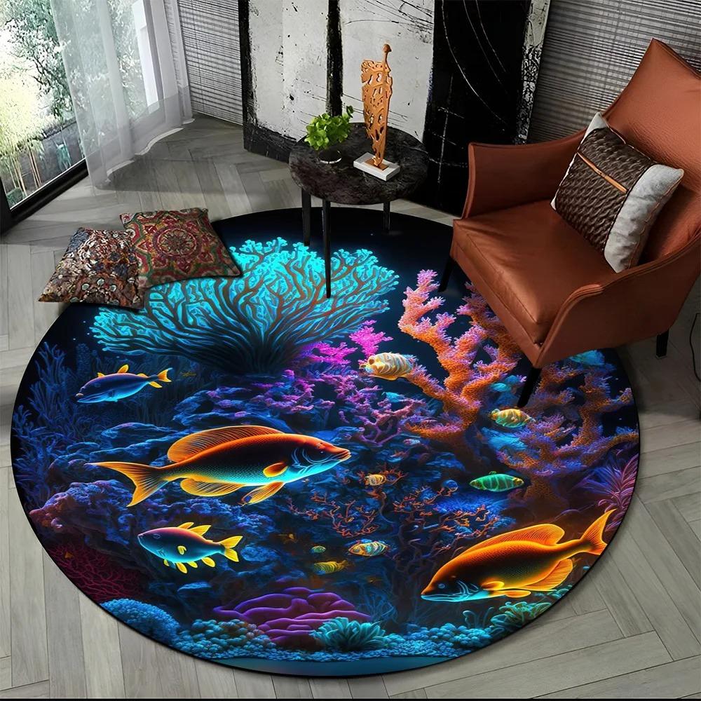 Underwater World Dolphin Cartoon Round Carpet Living Room Bedroom Anti-Slip Mat Home Decoration Bathroom Absorbent Floor Mat