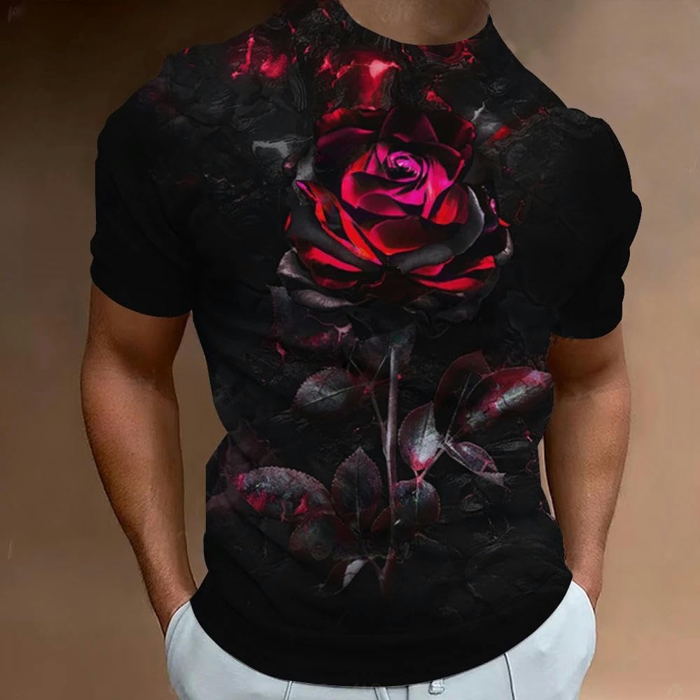 T-Shirt Men Novelty Red Rose 3D Printed Summer Crew Neck Short Sleeve Casual Graphic T Shirts Fashion Oversized Men's Clothing