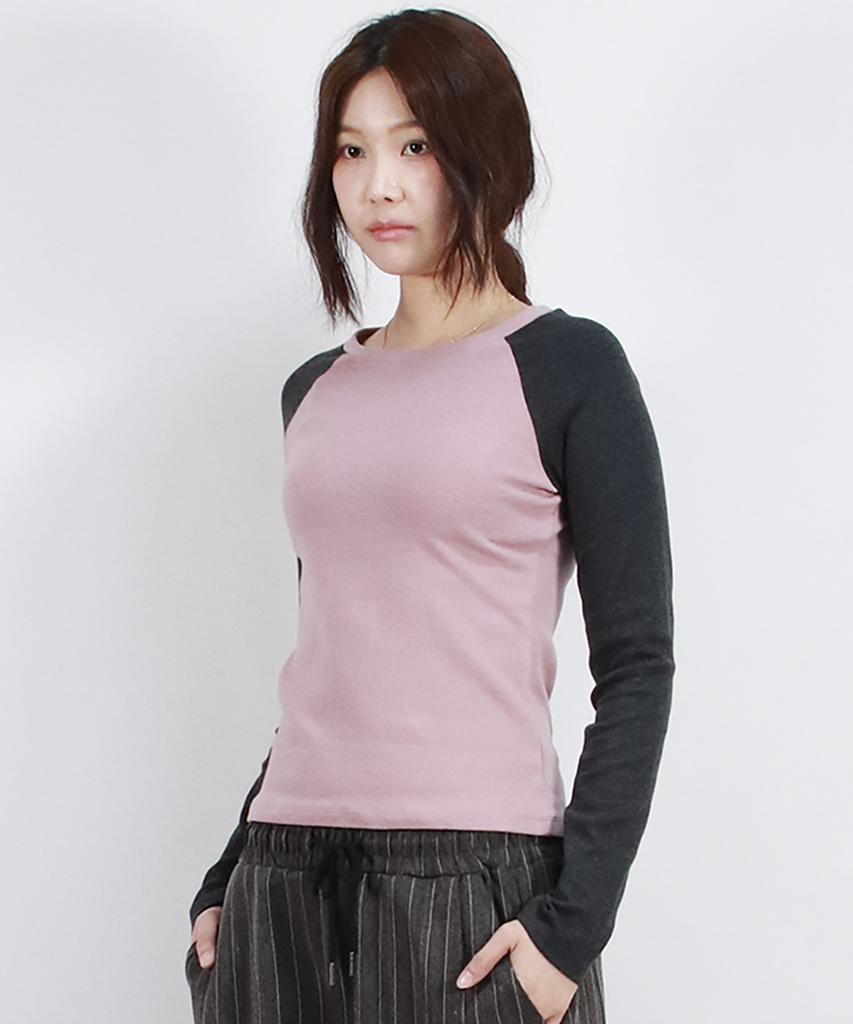 Deumakeu Vintage Solid Raglan Long-Sleeved T-Shirt Pink&Charcoal