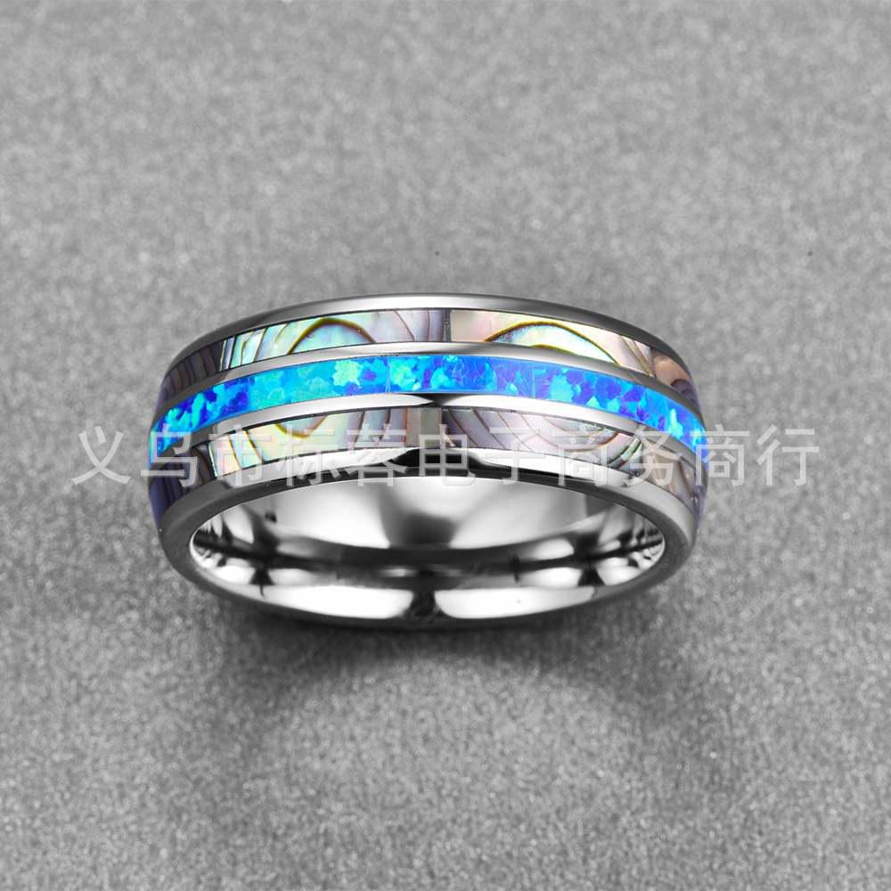 8mm Wide Men's Tungsten Steel Ring with Polished Dome and Three-Groove Inlaid Opal & Abalone Shell