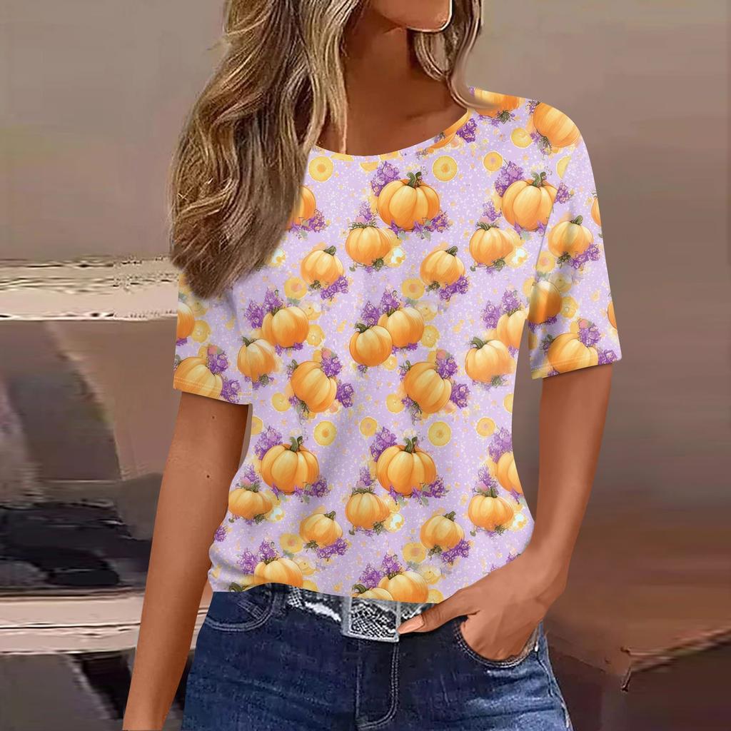 Women's Casual Halloween Short Sleeve Pullover Top Bat Pumpkin Print Round Neck Relaxed Fit Shirt for Fall