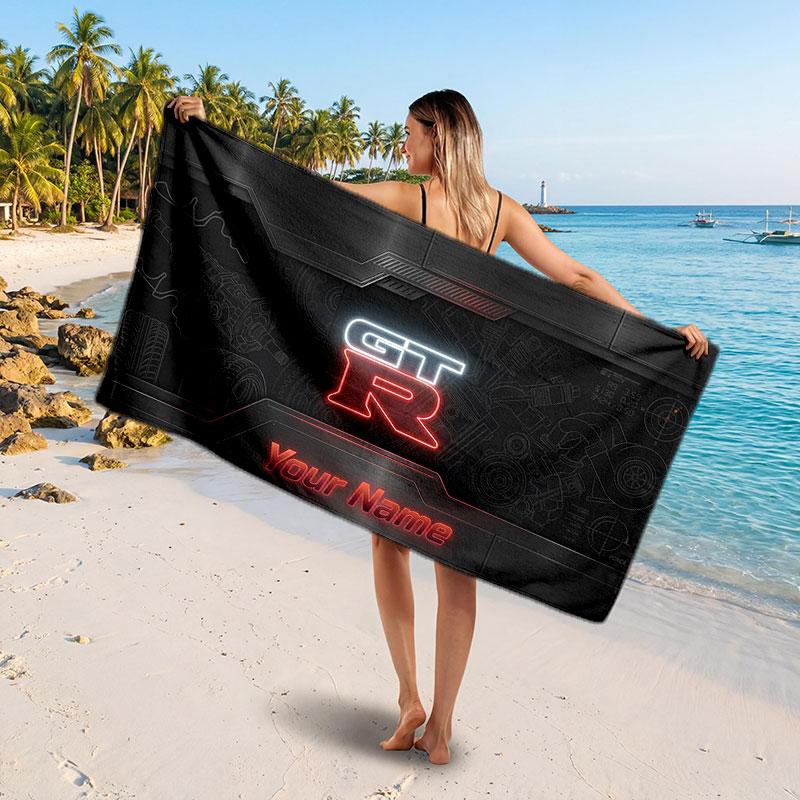 Nissan GT-R Customized Name Text Beach Towel, Soft Absorbent Towel Beach Pool Travel Personal Gift