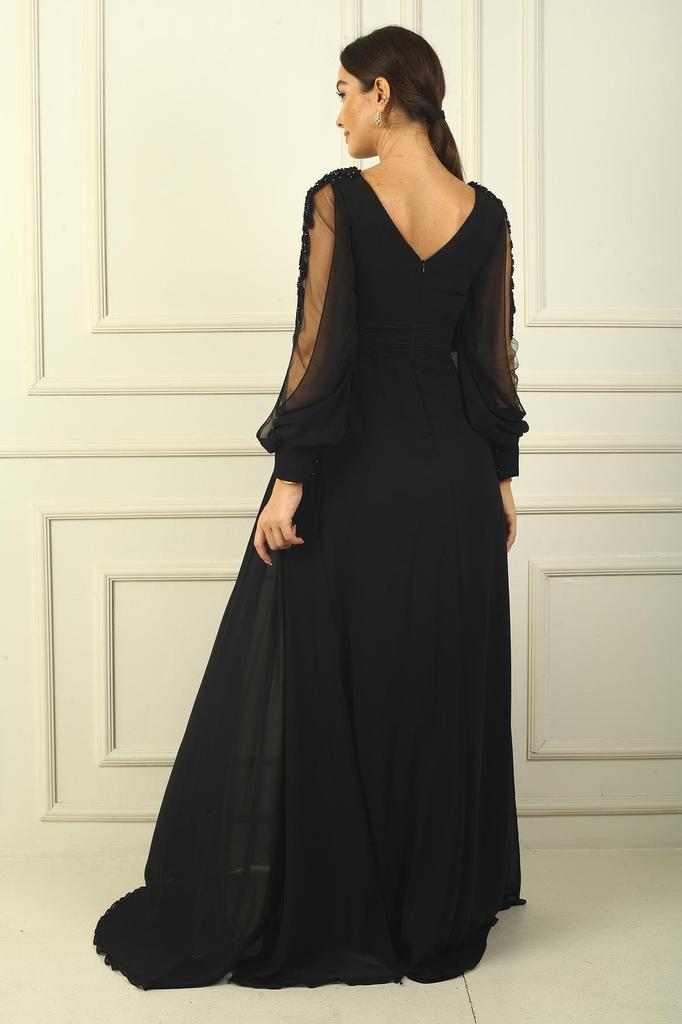 V Neck Front Draped Lined Sleeves Tulle Guipure Detailed Wide Sized Chiffon Long Dress