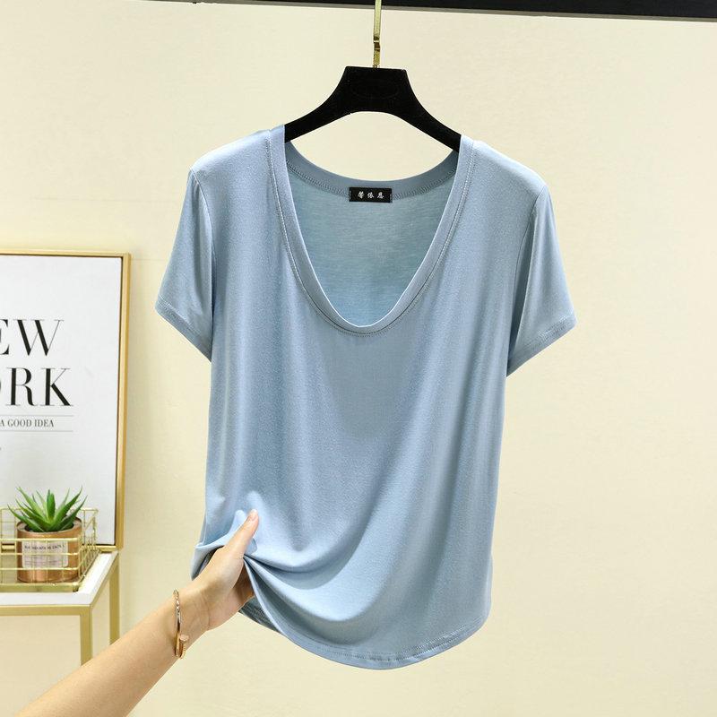 Dámský modální top s U výstřihem a polovičním rukávem - Jednobarevný, nadměrná velikost, letní tričko